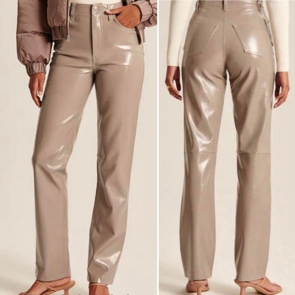 NWT Abercrombie & Fitch Curve Love Vegan Leather 90s Straight Pant Tan Size 24 L - Picture 1 of 14